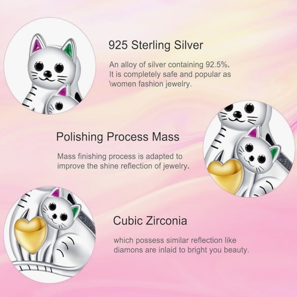 Cat kitty mom and baby with Gold Heart charm for Pandora Sterling 925 - Picture 2 of 3